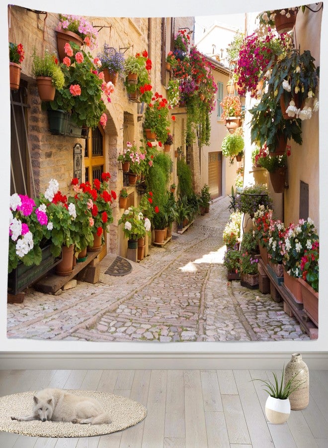 Loccor Italy Town Street Tapestry Medieval Village Town Scenery Alley Stone Path Colorful Flowers Wall Hanging Tapestry Home Bedroom Living Room Dorm Decor 118''x 98'' - Image 1
