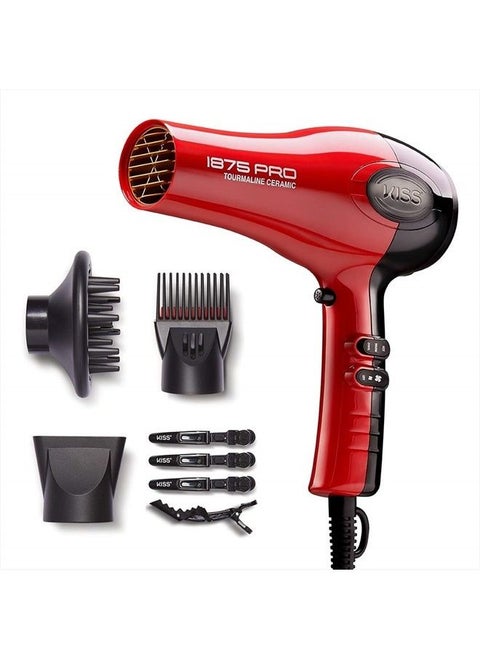 1875 Watt Pro Tourmaline Ceramic Hair Dryer, 3 Heat Settings, 2 Speed Slide Switch, Cool Shot Button, 2 Detangler Combs, 1 Concentrator, 1 Diffuser, Removable Filter Cap & 4 Sectioning Clips