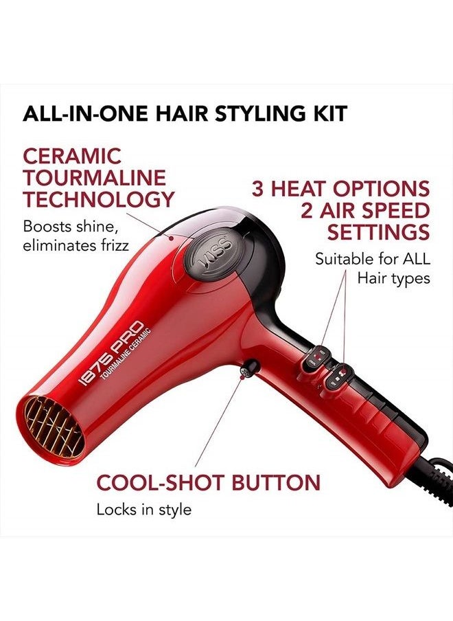 1875 Watt Pro Tourmaline Ceramic Hair Dryer, 3 Heat Settings, 2 Speed Slide Switch, Cool Shot Button, 2 Detangler Combs, 1 Concentrator, 1 Diffuser, Removable Filter Cap & 4 Sectioning Clips