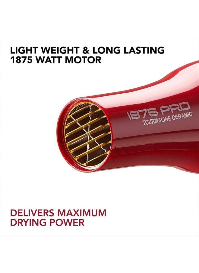 1875 Watt Pro Tourmaline Ceramic Hair Dryer, 3 Heat Settings, 2 Speed Slide Switch, Cool Shot Button, 2 Detangler Combs, 1 Concentrator, 1 Diffuser, Removable Filter Cap & 4 Sectioning Clips