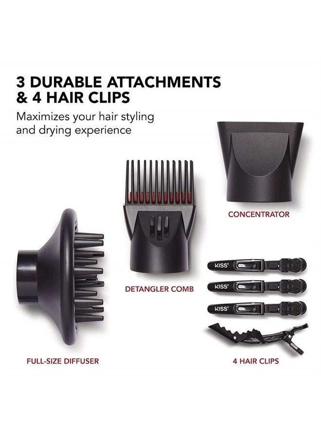 1875 Watt Pro Tourmaline Ceramic Hair Dryer, 3 Heat Settings, 2 Speed Slide Switch, Cool Shot Button, 2 Detangler Combs, 1 Concentrator, 1 Diffuser, Removable Filter Cap & 4 Sectioning Clips