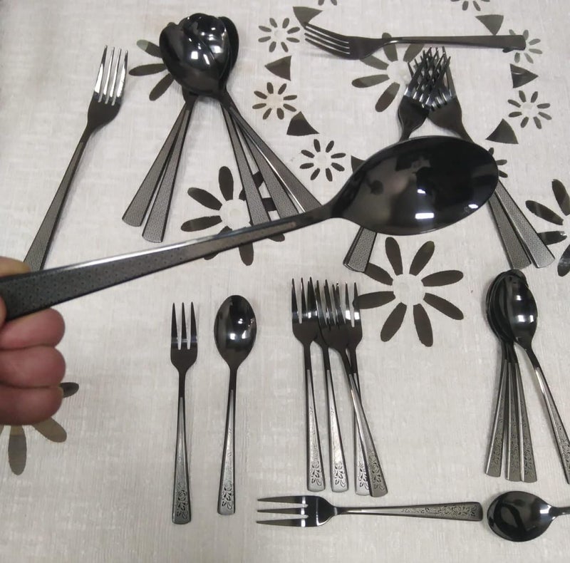 Generic Premium 24-Piece Stainless Steel Cutlery Set, Black Flatware with Silver Stand, 18/10 Grade, Service for 6 .sg - Image 1