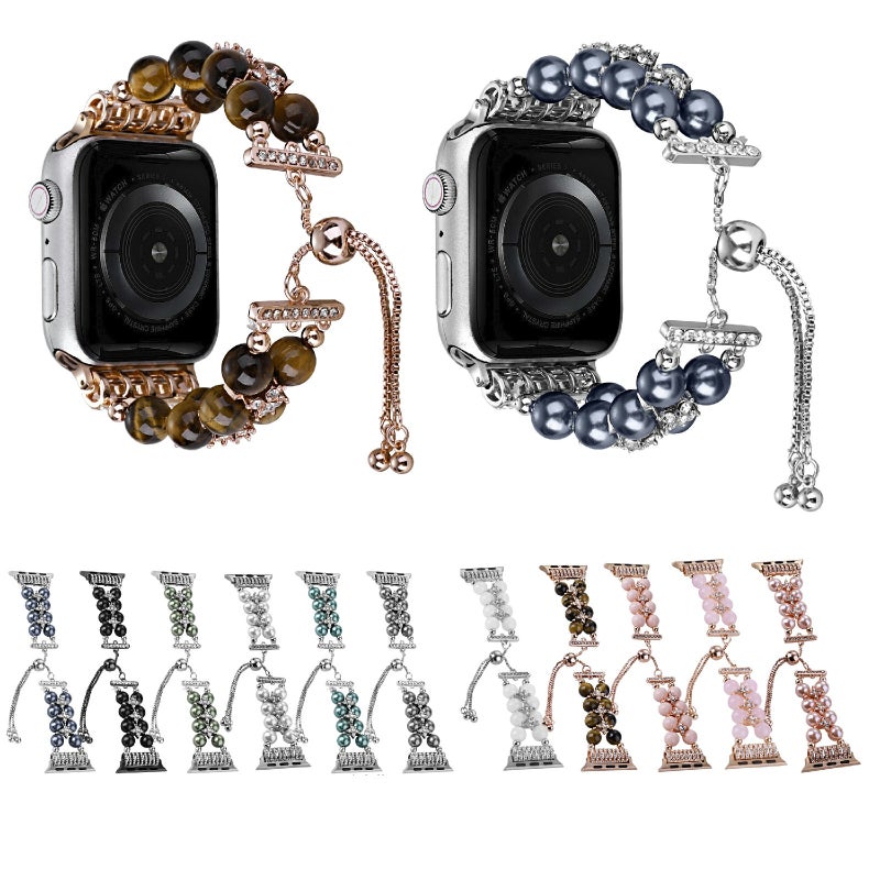 erorex Double Row Beads Telescopic Chain Watch Band For Apple Watch Ultra 49Mm&Watch Ultra 2 49Mm / Series 9&8&7 45Mm / Se 3&Se 2&6&Se&5&4 44Mm / 3&2&1 42Mm(Pearl White) - Image 4