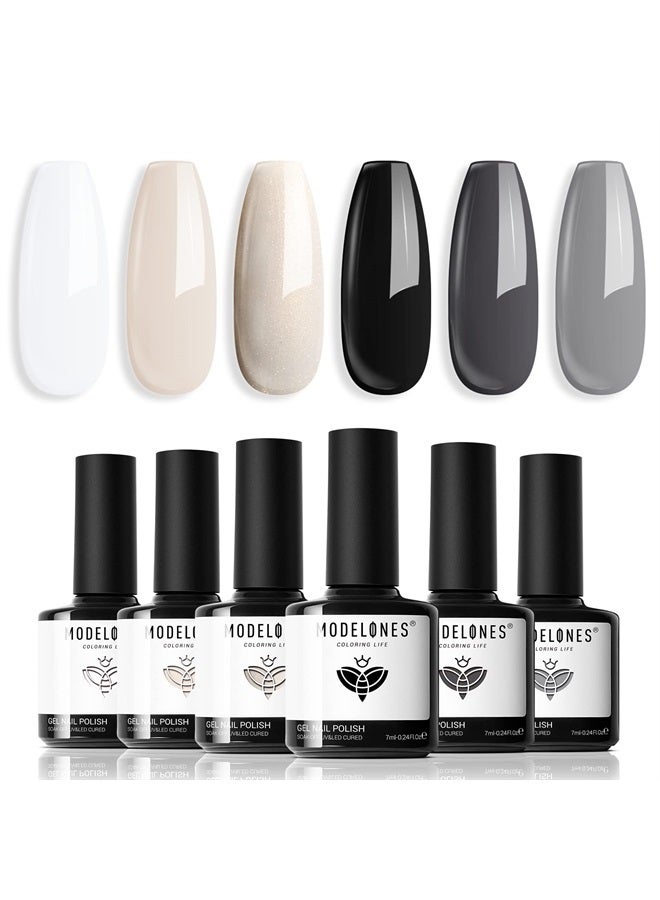 modelones Gel Nail Polish Set - 6 Colors White Gel Polish Milky White Black Nail Gel Polish Popular Classic Collection Neutral Nude Gray Nail Polish Soak Off LED Nail Art Manicure DIY Home Salon Gifts