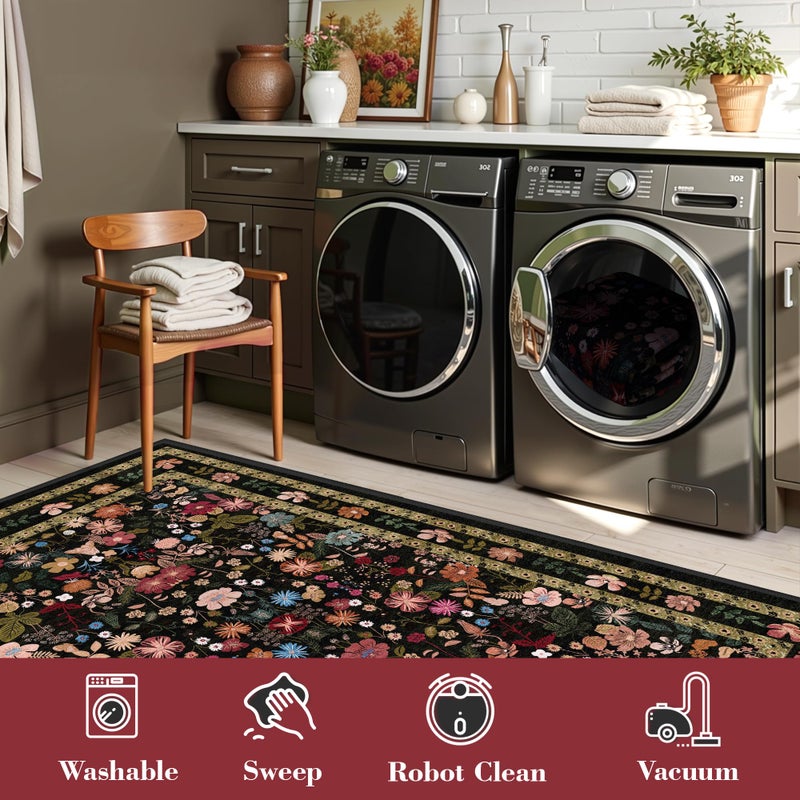 Deerly Floral Area Rug 6x9 for Living Room Vintage Large Washable Non-Slip Bedroom Carpet Soft Low Pile Thin Floor Mat Indoor for Dining Room Playroom Nursery Farmhouse, Black/Multi - Image 5