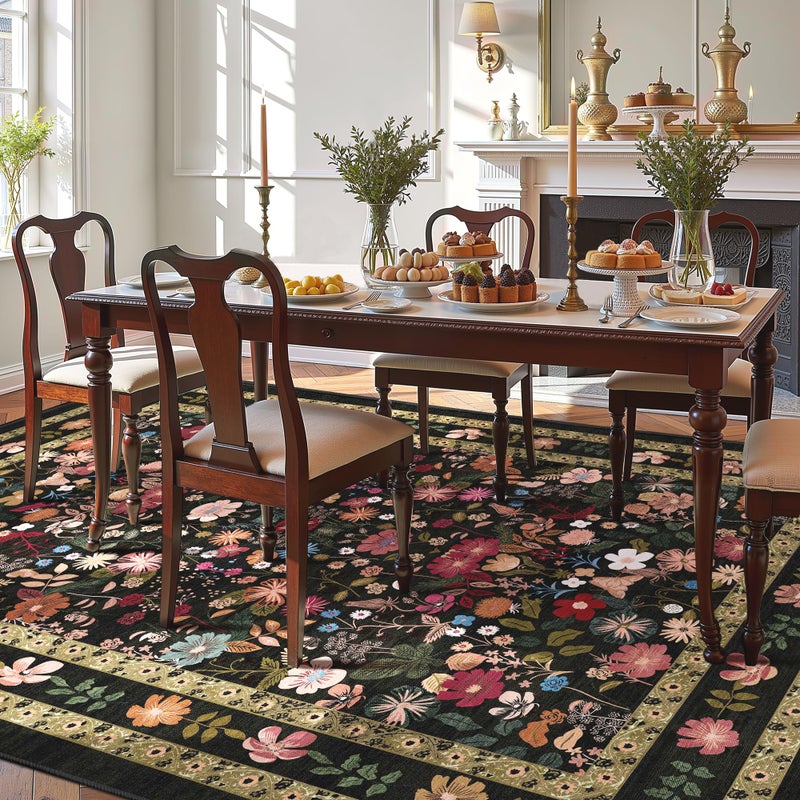 Deerly Floral Area Rug 6x9 for Living Room Vintage Large Washable Non-Slip Bedroom Carpet Soft Low Pile Thin Floor Mat Indoor for Dining Room Playroom Nursery Farmhouse, Black/Multi - Image 3