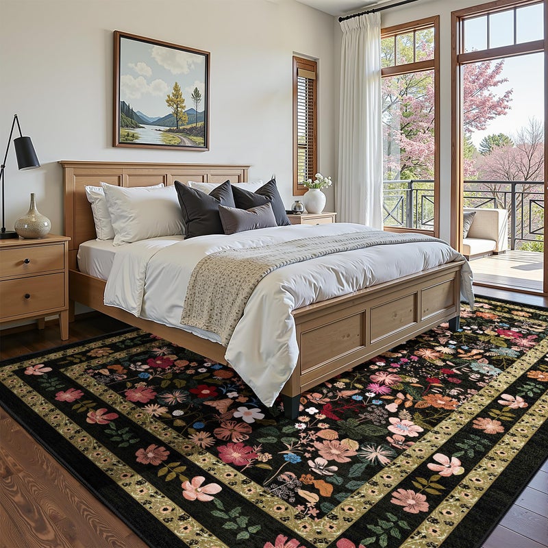 Deerly Floral Area Rug 6x9 for Living Room Vintage Large Washable Non-Slip Bedroom Carpet Soft Low Pile Thin Floor Mat Indoor for Dining Room Playroom Nursery Farmhouse, Black/Multi - Image 2
