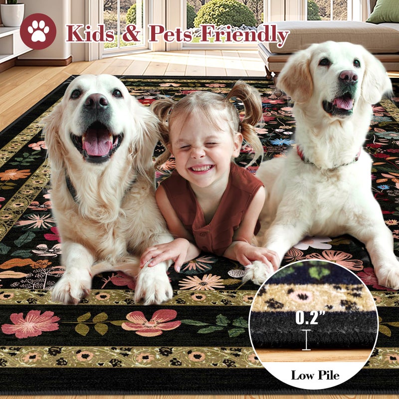 Deerly Floral Area Rug 6x9 for Living Room Vintage Large Washable Non-Slip Bedroom Carpet Soft Low Pile Thin Floor Mat Indoor for Dining Room Playroom Nursery Farmhouse, Black/Multi - Image 4