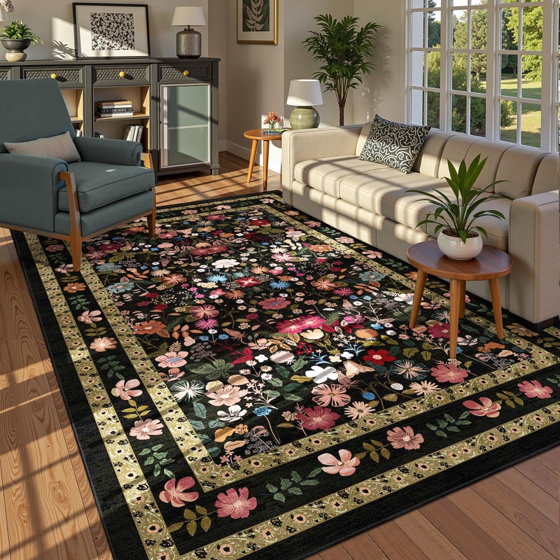 Deerly Floral Area Rug 6x9 for Living Room Vintage Large Washable Non-Slip Bedroom Carpet Soft Low Pile Thin Floor Mat Indoor for Dining Room Playroom Nursery Farmhouse, Black/Multi - Image 1