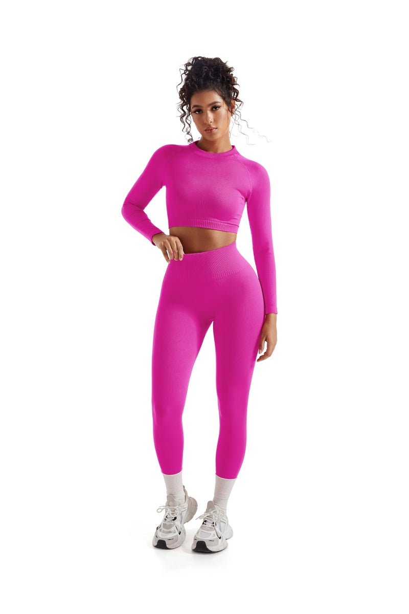 SUUKSESS Women 2 Piece Workout Sets Hidden Scrunch Hip Lifting Seamless Leggings Long Sleeve Yoga Crop Tops High Waisted Yoga Pants Tracksuits ((Pink, M) - Image 2
