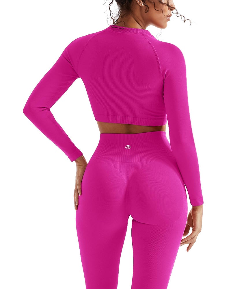 SUUKSESS Women 2 Piece Workout Sets Hidden Scrunch Hip Lifting Seamless Leggings Long Sleeve Yoga Crop Tops High Waisted Yoga Pants Tracksuits ((Pink, M) - Image 1