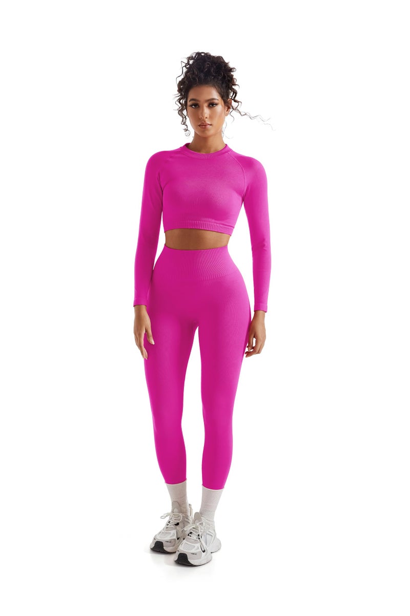 SUUKSESS Women 2 Piece Workout Sets Hidden Scrunch Hip Lifting Seamless Leggings Long Sleeve Yoga Crop Tops High Waisted Yoga Pants Tracksuits ((Pink, M) - Image 5