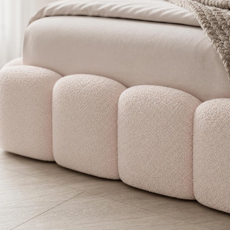 Cloud Upholstered Bed Frame, Teddy Fleece Modern Soft Boucle Platform Bed with Vertical Channel Headboard (Light Pink, Full) - Image 4