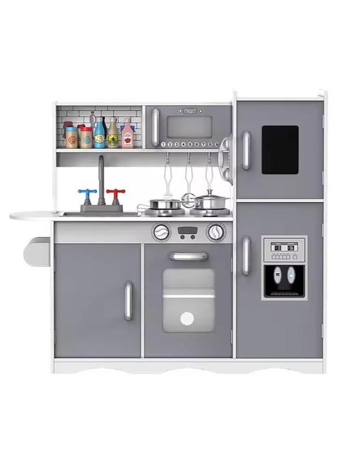 Wooden Kitchen Toy With Oven and Cook Food Toys Set And Ice Maker, Large wooden kitchen with Storage places, Interactive Brand Play Kitchen for Girls & Boy 3-10 Years (Silver, 94 * 30 * 83)