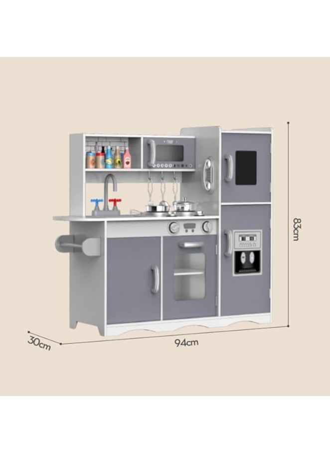 AL BADER - Wooden Kitchen Toy With Oven and Cook Food Toys Set And Ice Maker, Large wooden kitchen with Storage places, Interactive Brand Play Kitchen for Girls & Boy 3-10 Years (Silver, 94 * 30 * 83) - Image 1