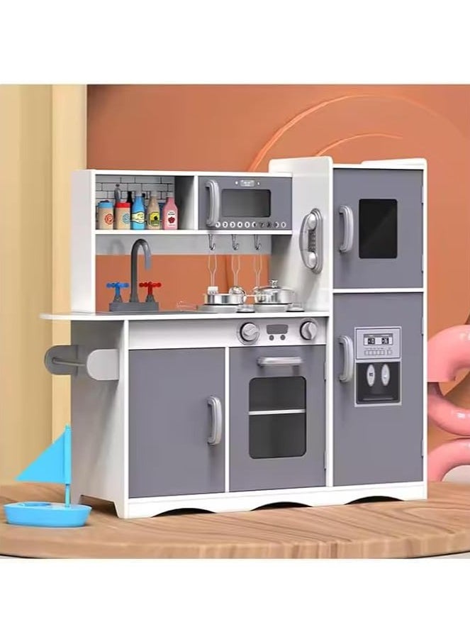 AL BADER - Wooden Kitchen Toy With Oven and Cook Food Toys Set And Ice Maker, Large wooden kitchen with Storage places, Interactive Brand Play Kitchen for Girls & Boy 3-10 Years (Silver, 94 * 30 * 83) - Image 1