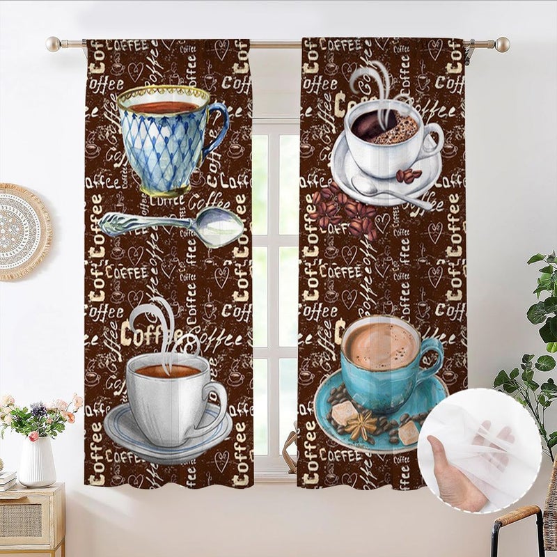 2pcs Polyester Sheer Curtains With Hand Painted Coffee Cup Bean Pattern 52x63in For Kitchen Bedroom Window Drapes Light Filtering Home Decor Suitable For Restaurants Bars Cafes Living Rooms - Image 5