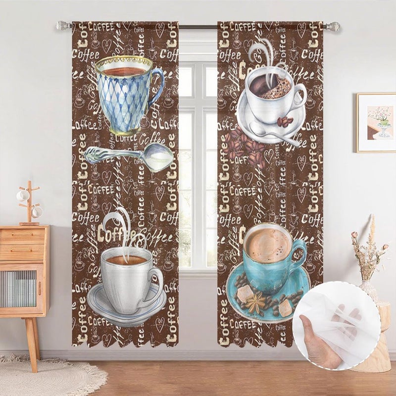 2pcs Polyester Sheer Curtains With Hand Painted Coffee Cup Bean Pattern 52x63in For Kitchen Bedroom Window Drapes Light Filtering Home Decor Suitable For Restaurants Bars Cafes Living Rooms - Image 2