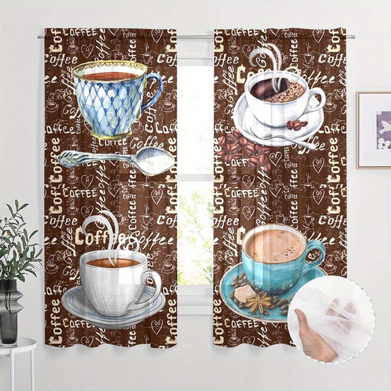 2pcs Polyester Sheer Curtains With Hand Painted Coffee Cup Bean Pattern 52x63in For Kitchen Bedroom Window Drapes Light Filtering Home Decor Suitable For Restaurants Bars Cafes Living Rooms - Image 3