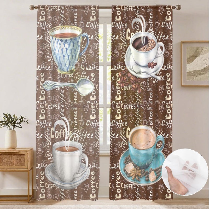 2pcs Polyester Sheer Curtains With Hand Painted Coffee Cup Bean Pattern 52x63in For Kitchen Bedroom Window Drapes Light Filtering Home Decor Suitable For Restaurants Bars Cafes Living Rooms - Image 1