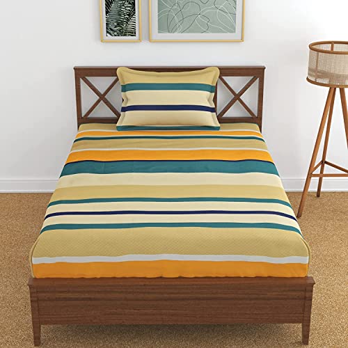 SpangleHomes 100% Soft Glace Cotton Elastic Fitted Single Bed Bedsheet with 1 Large Pillow Cover (Single Bed 50 * 75 Inches, Yellow Green Stripes), 300 tc - Image 1