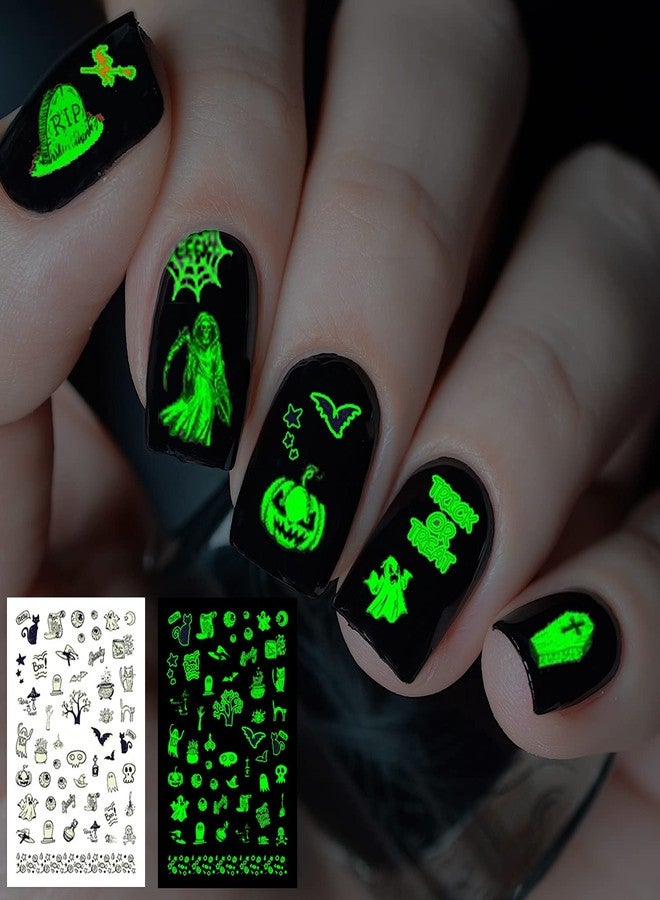TailaiMei 10 Sheets Glow in The Dark Halloween Nail Stickers, Fluorescent Design Kids Nail Decals, Self-Adhesive DIY Nail Art Tips for Women Manicure - Image 3