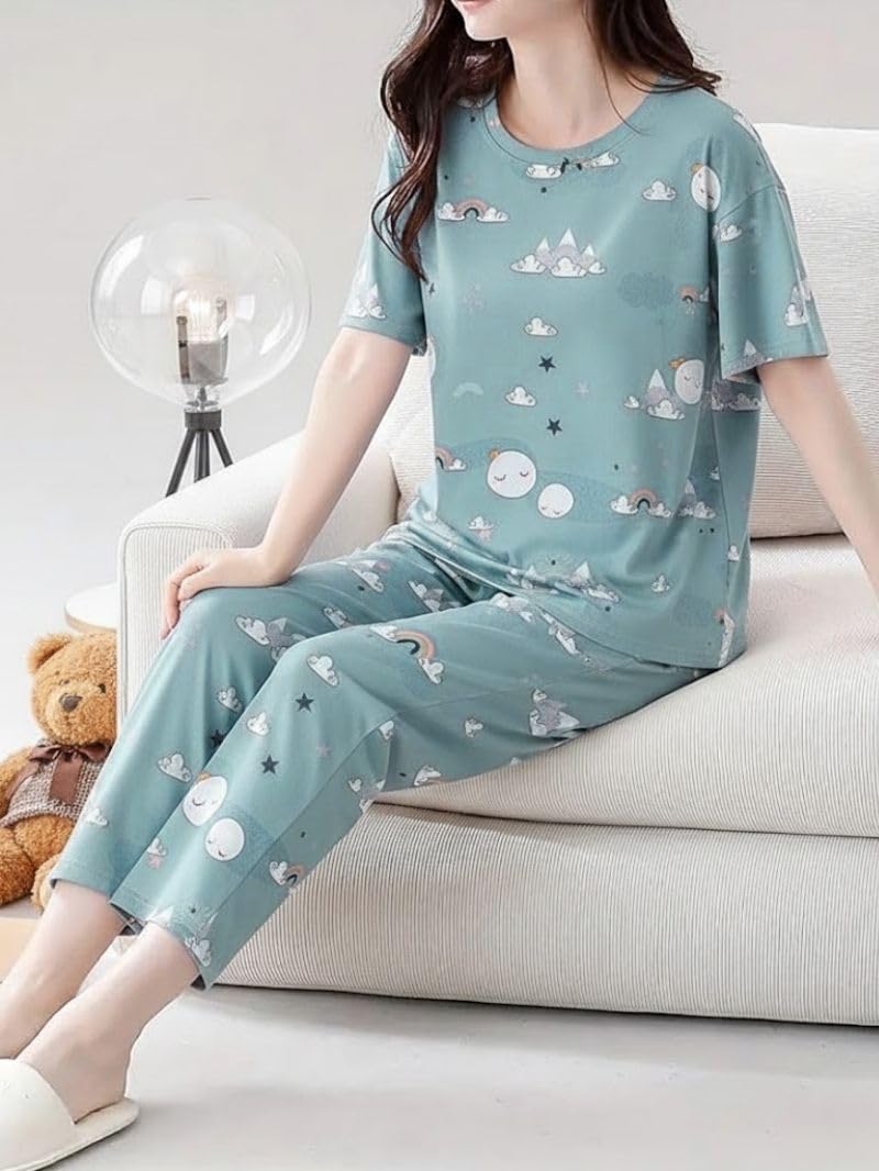 SMOWKLY Women’s Korean Style Night Suit Set | Cotton Half Sleeve Top & Pyjama Set | Round Neck Printed Nightsuit | Comfortable Nightwear & Loungewear for Women(1026_SKBL_S) Sky Blue - Image 3