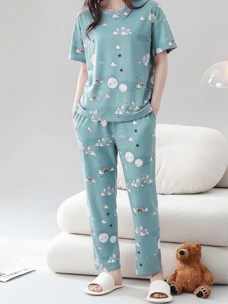 SMOWKLY Women’s Korean Style Night Suit Set | Cotton Half Sleeve Top & Pyjama Set | Round Neck Printed Nightsuit | Comfortable Nightwear & Loungewear for Women(1026_SKBL_S) Sky Blue - Image 2