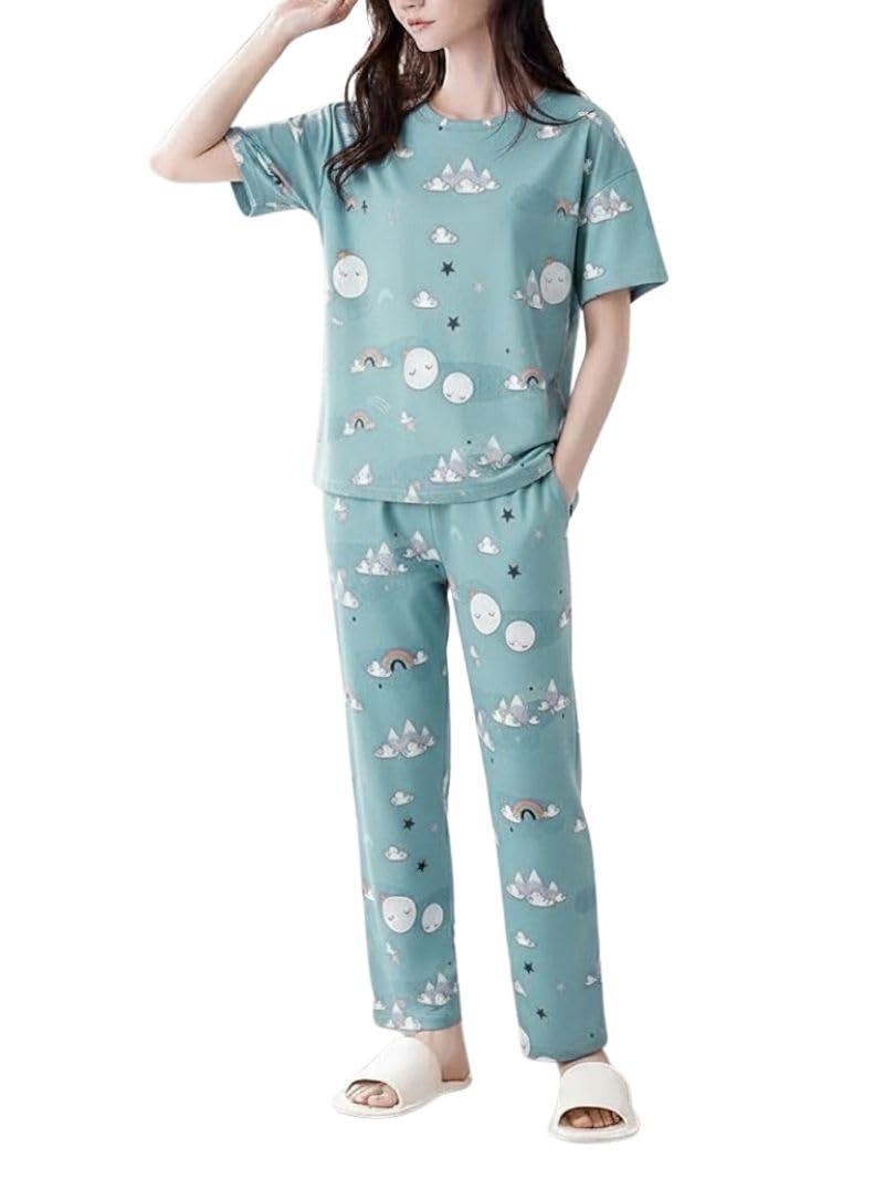 SMOWKLY Women’s Korean Style Night Suit Set | Cotton Half Sleeve Top & Pyjama Set | Round Neck Printed Nightsuit | Comfortable Nightwear & Loungewear for Women(1026_SKBL_S) Sky Blue - Image 1