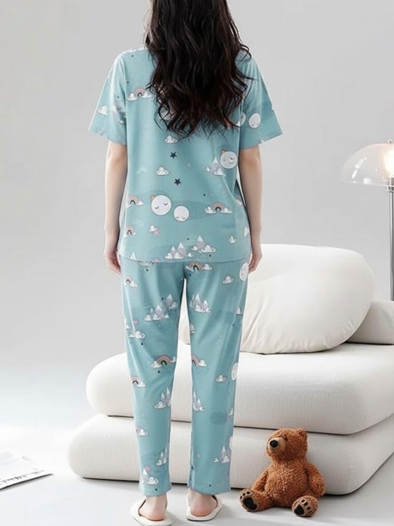 SMOWKLY Women’s Korean Style Night Suit Set | Cotton Half Sleeve Top & Pyjama Set | Round Neck Printed Nightsuit | Comfortable Nightwear & Loungewear for Women(1026_SKBL_S) Sky Blue - Image 4