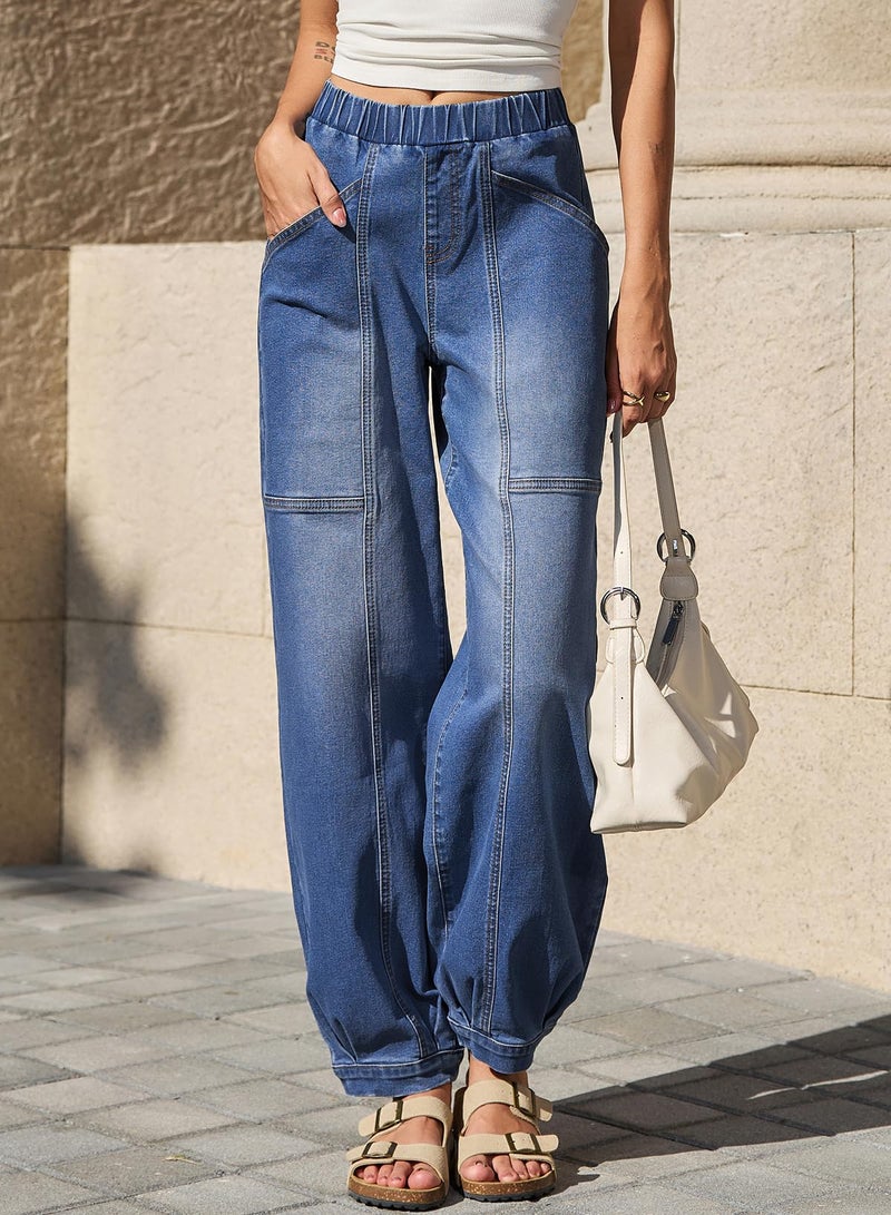 Sidefeel Mid Rise Barrel Jeans for Women Wide Leg Mid Waist Cropped Denim Pants Y2k Baggy Boyfriend Jeans with Pockets Dark Blue Size 16 - Image 5