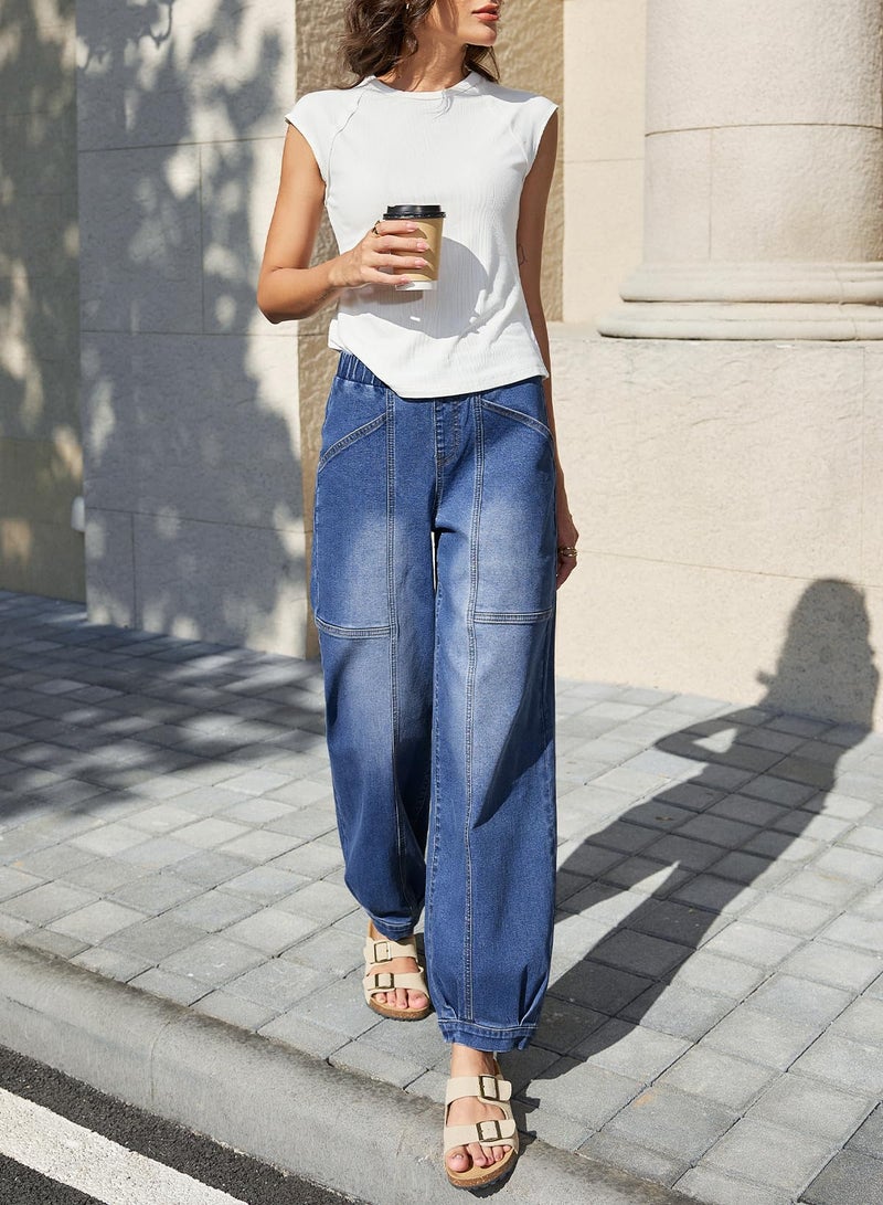 Sidefeel Mid Rise Barrel Jeans for Women Wide Leg Mid Waist Cropped Denim Pants Y2k Baggy Boyfriend Jeans with Pockets Dark Blue Size 16 - Image 4
