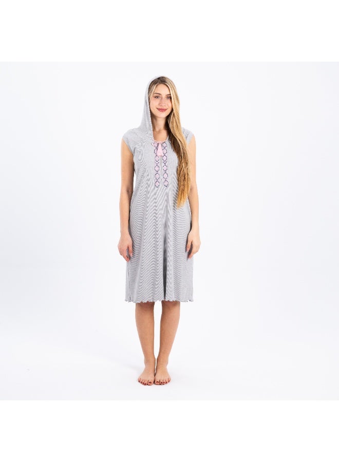 zecotex  Women’s Sleeveless Cotton Hooded Nightgown – Soft Gray Nightdress with Embroidered Front Detail – Comfortable Loungewear & Sleepwear - Image 1