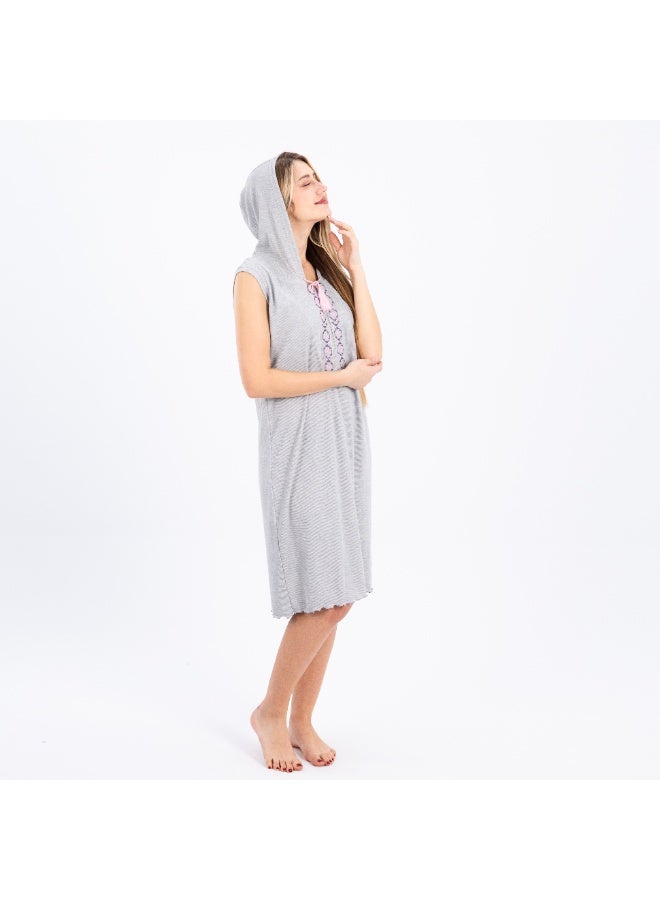 zecotex  Women’s Sleeveless Cotton Hooded Nightgown – Soft Gray Nightdress with Embroidered Front Detail – Comfortable Loungewear & Sleepwear - Image 4