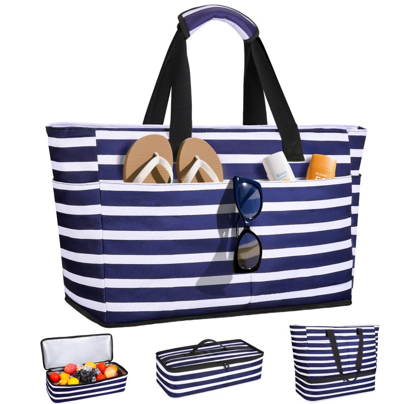 ISEYOU Beach Bag with Cooler, 49L Large Family Beach Tote with Zipper, Waterproof Sandproof Beach Bags for Women and Men, Foldable Lightweight Travel Bag for Pool, Picnic, Gym - Image 1