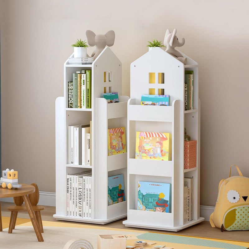 tonchean 3Tier Rotating Childrens Bookcase for Kids Room  White House Shape  Free Standing Kids Bookshelf Castle Childrens Bookshelf Spinning Kids Bookcase for Playroom  Study Room