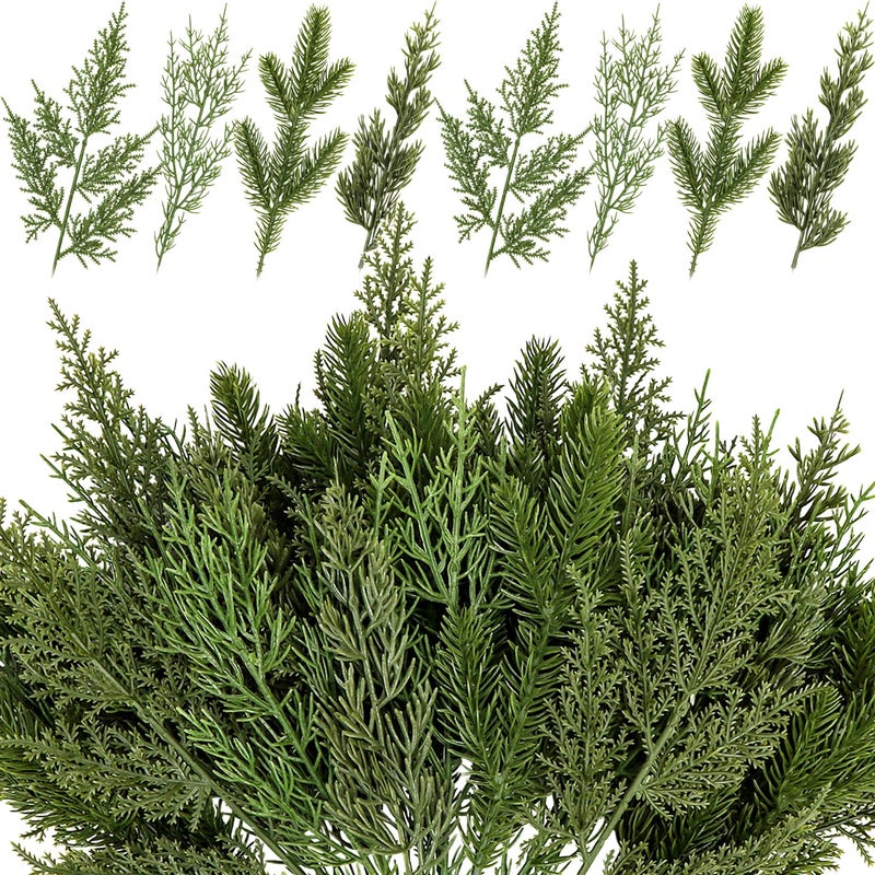 40 Pcs Artificial Pine Branches Assorted Faux Pine Stems Cedar Leaves Needle Sprigs Plastic Fake Christmas Greenery Pine Picks for Xmas Tree Wreaths Garlands DIY Accessories Home Decor 40 Green