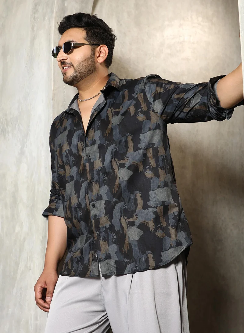 Instafab Plus Men's Prussian Blue Fray-Stroke Imprint Shirt For Casual Wear | Spread Collar | Long Cuffed Sleeves | Button Closure | Plus Size Shirt Crafted With Comfort Fit For Everyday Wear