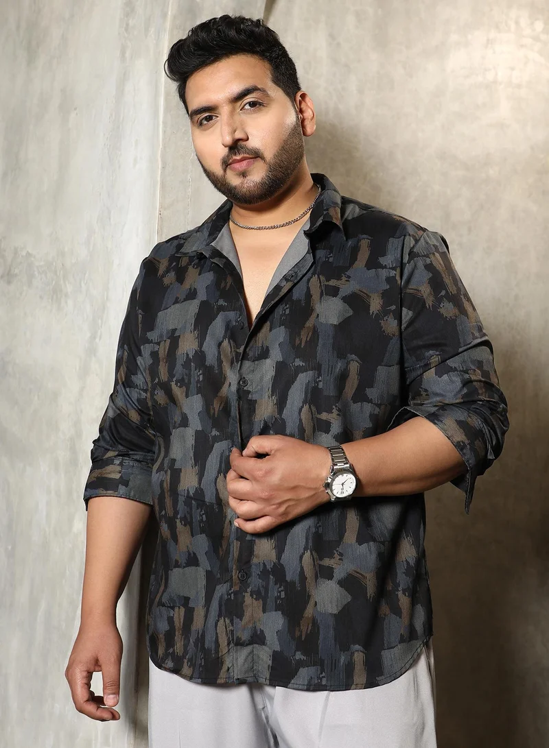 Instafab Plus Men's Prussian Blue Fray-Stroke Imprint Shirt For Casual Wear | Spread Collar | Long Cuffed Sleeves | Button Closure | Plus Size Shirt Crafted With Comfort Fit For Everyday Wear