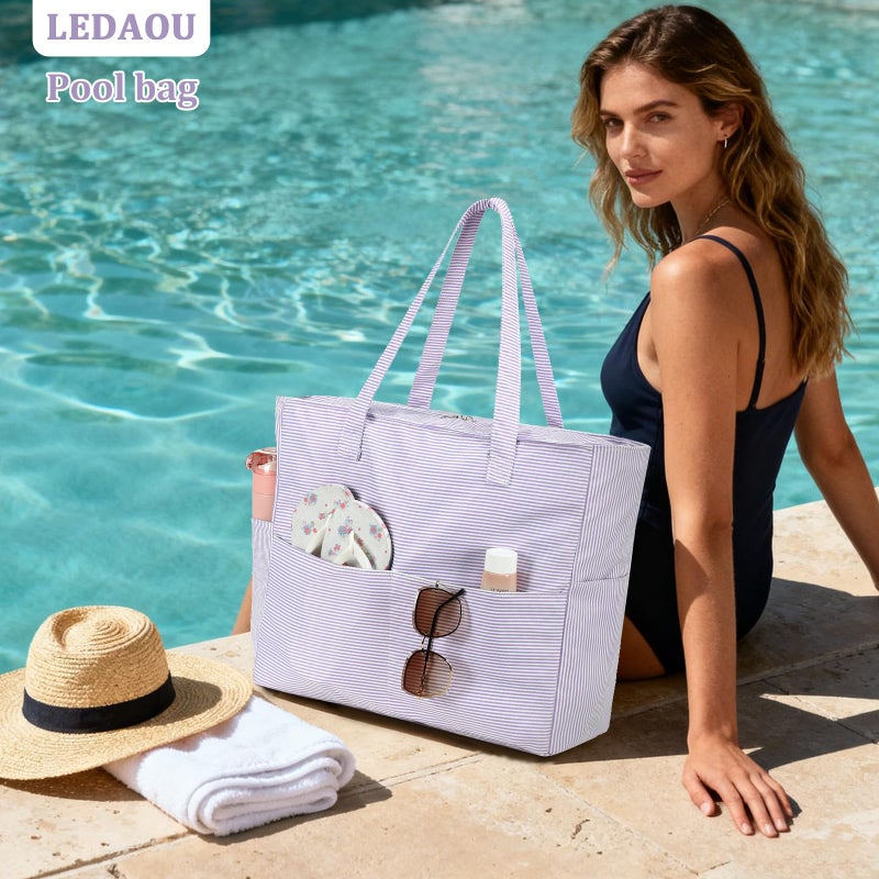 LEDAOU Large Beach Tote Bag Women Waterproof Sandproof Zipper Beach Tote Bag for Pool Gym Grocery Travel with Wet Pocket - Image 5