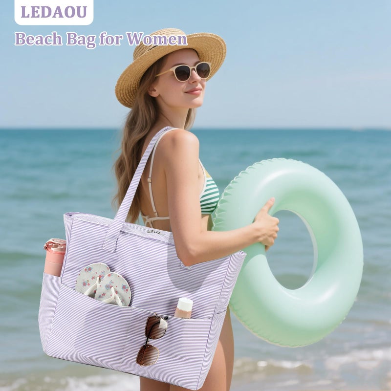LEDAOU Large Beach Tote Bag Women Waterproof Sandproof Zipper Beach Tote Bag for Pool Gym Grocery Travel with Wet Pocket - Image 2