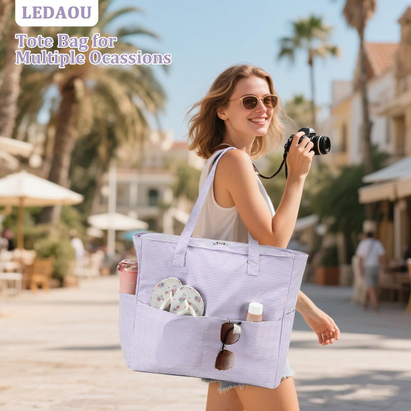 LEDAOU Large Beach Tote Bag Women Waterproof Sandproof Zipper Beach Tote Bag for Pool Gym Grocery Travel with Wet Pocket - Image 3