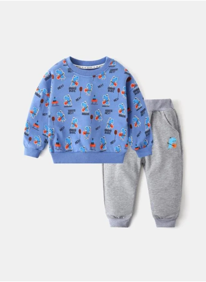 YUNIQEE Blue Crew Neck Long Sleeve Printed Pullover With Track Pant