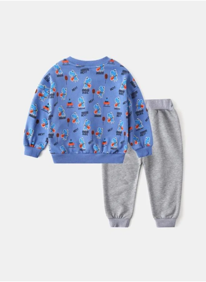 YUNIQEE Blue Crew Neck Long Sleeve Printed Pullover With Track Pant