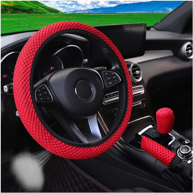 Bittwee 3PCS 15Inch Car Steering Wheel Cover Armrest Cover Gear Shift Cover Set, Microfiber Breathable Anti-Slip Automotive Steering Wheel Protector, Vehicle Interior Decor, Universal Fit（Red） - Image 1
