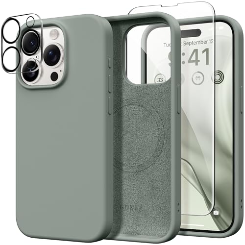 GONEZ Magnetic for iPhone 15 Pro Case, Compatible with MagSafe, [Screen Protector + Camera Lens Protector], Silicone Shockproof Anti-Scratch Protective Phone Case 6.1 inch, Calke Green - Image 1