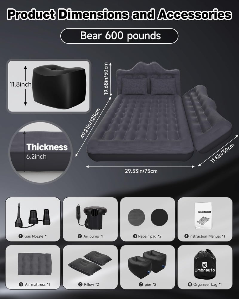 Umbrauto Inflatable Car Mattress Bed: SUV Camping Air Bed for Truck Backseat with Pump & Pillows, Car Sleeping Airbed for Van Back Seat - Image 3