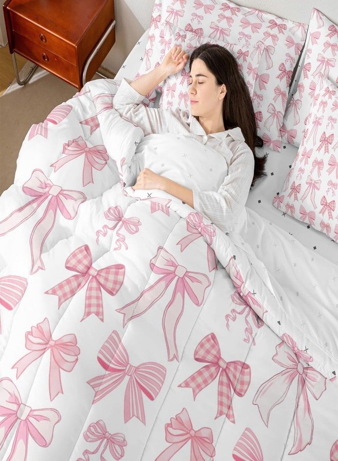 Man Fei Manfei 7pcs Pink Bow Comforter Set King Size, Cute Bowknot Bedding Set for Kids Girls Women Room Decor, Cartoon Princess Bed in a Bag with Comforter, Sheets and Pillow Cases/Shams - Image 4