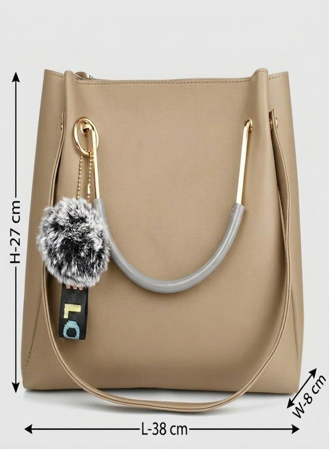 DANIEL CLARK PU Leather Tote Bag with Pom Pom Charm, Shoulder Handbag, Elegant Daily Use Purse for Office, Travel & Casual for Women & Girls (Cream) - Image 4