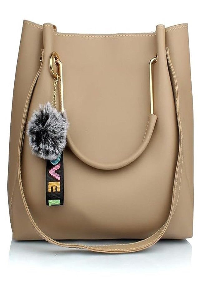 DANIEL CLARK PU Leather Tote Bag with Pom Pom Charm, Shoulder Handbag, Elegant Daily Use Purse for Office, Travel & Casual for Women & Girls (Cream) - Image 1